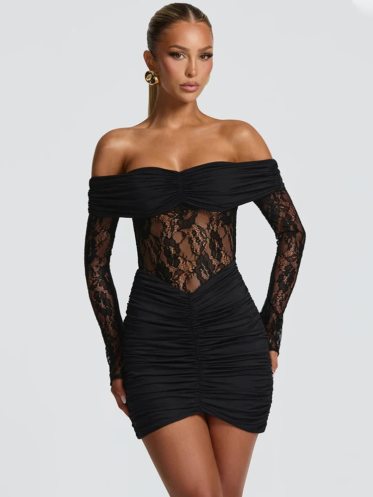Mozision Off-shoulder Strapless Backless Sexy Mini Dress Women Gown Elegant Lace See Through Long Sleeve Ruched Club Party Dress