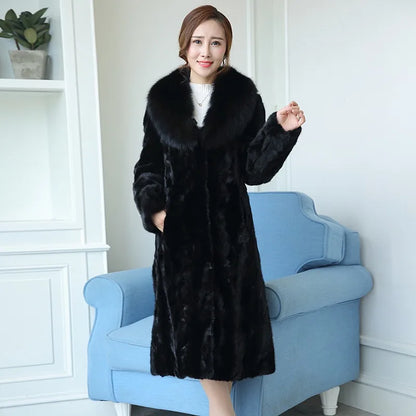 Hot-selling Fashionable Women's Real Mink Coat Winter Warm Long Natural Fox Fur Collar High-quality Real Fur Jacket