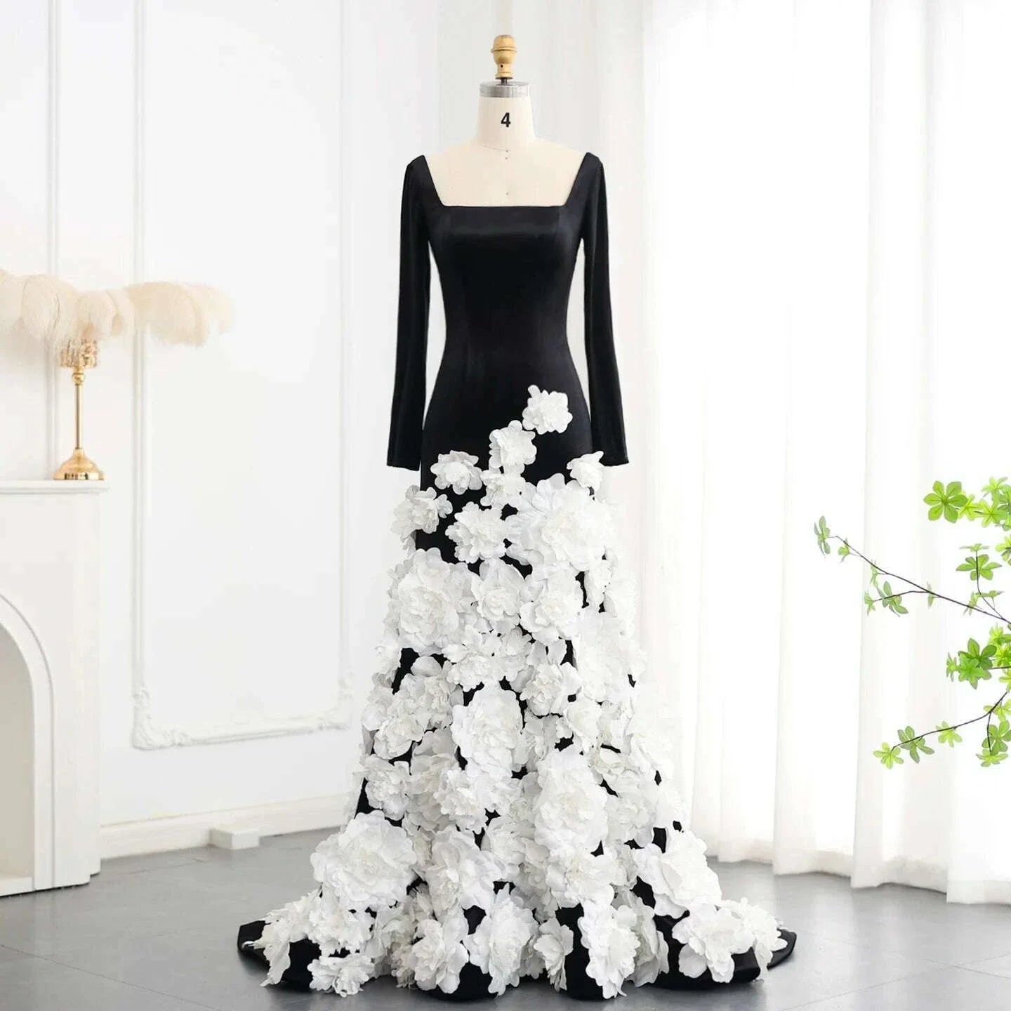 Sharon Said Luxury Dubai Black Velvet Strapless Evening Dress with Gloves 3D Flowers Women Wedding Party Gowns SS248 Customized