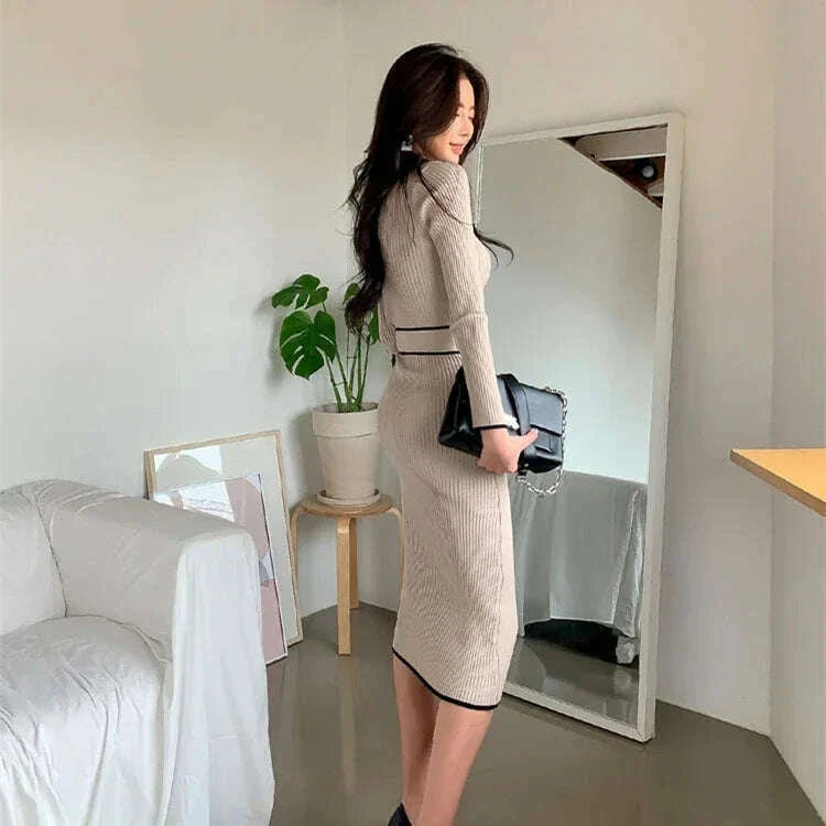 New Retro Knitted Bodycon Dress Women Korean Fashion Autumn Winter Half High Collar Lace Up Elegant Sweater Dresses Vestidos