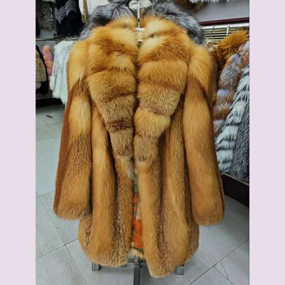 Women's Luxury Long Fox Fur Coat Real Fox Fur Jacket Winter Outerwear Silver Fox Fur Coat