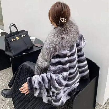 Natural Rex Rabbit Fur Coat for Women, Monochromatic Hood, Thickened and Warm, Large Fox Fur Collar, 100% Pure, New, Winter, 202