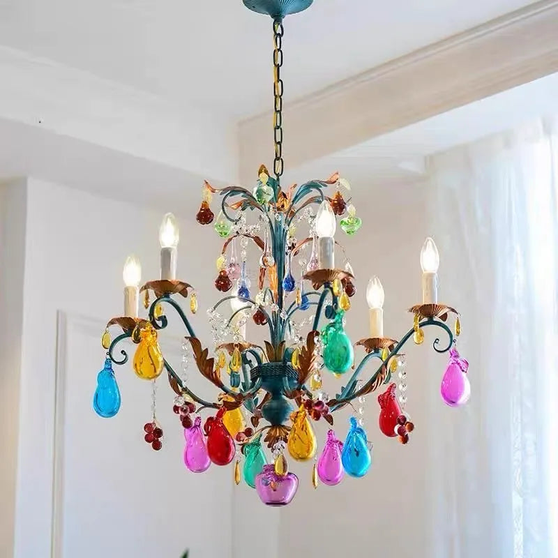 French Colorful Restaurant Chandelier Art Glass Lamp Romantic Bedroom Lamp Retro Colorful Candle Chandelier Crystal Lamp - Kimlud