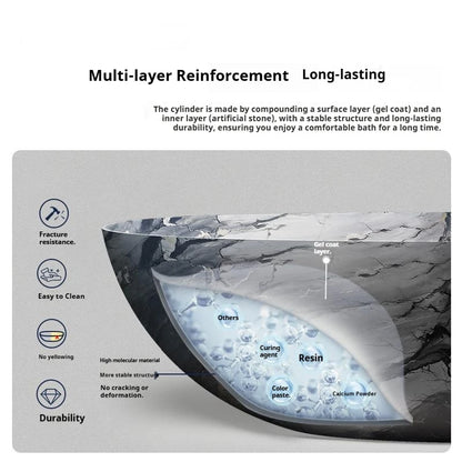 Luxury marble-patterned freestanding bathtub, oval-shaped artificial stone soaking tub, suitable for hotels and villas.