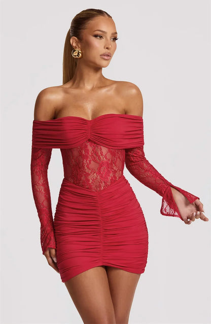 Mozision Off-shoulder Strapless Backless Sexy Mini Dress Women Gown Elegant Lace See Through Long Sleeve Ruched Club Party Dress