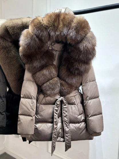 2025 New Natural Thick Warm 90% White Goose Down Coat Long Winter Jacket Women Real Big Fox Fur Collar Belt Loose Puffer Parka