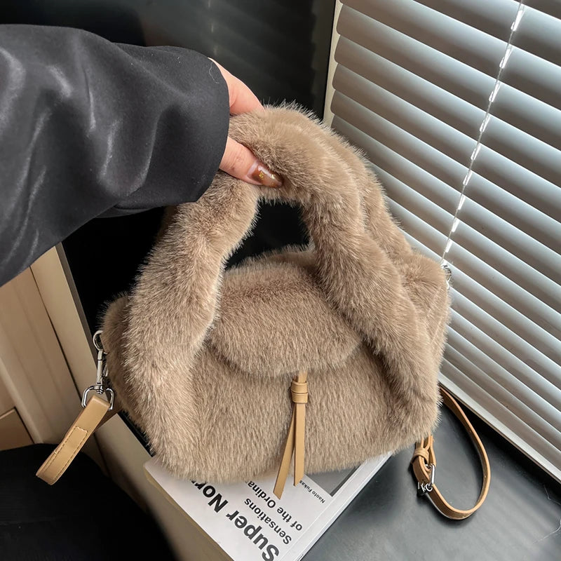 Cute Tan Faux Fur Top Handle Bag 2-in-1 Crossbody Bag Winter Warm Casual Handbag Ideal for Dating Shopping Outings for Women