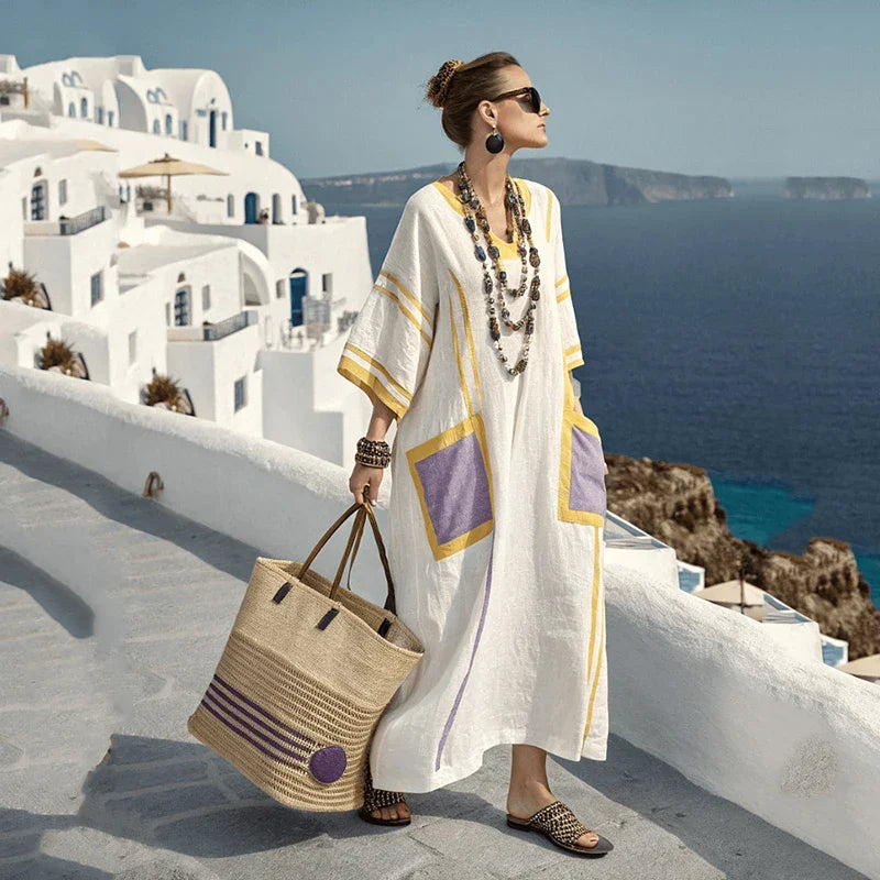 Summer Elegant Loose Long Dresses for Women New Casual V Neck Short Sleeve Geometric Printing Splicing Pocket Loose Waist Dress - Kimlud