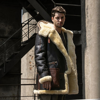 Denny&Dora Men's Shearling Jacket Hood Thick Warm Winter Sheepskin Coat Dark Brown Leather Jacket