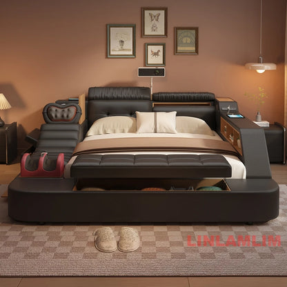 Luxury Tech Smart Multifunctional Bed with Massage Chair, Bluetooth Speakers, Projector, USB – Modern Upholstered King Size Bed