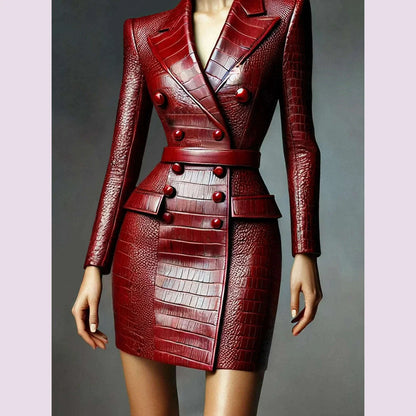 New PU Leather Dresses for Women Lapel Collor Double Breasted Alligator Pattern Belt Mini Dress Long Sleeve Elegant Dress  2025
