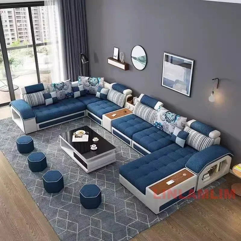 Linlamlim U-Shaped Sectional Fabric Sofa Set - Modern Living Room Furniture with Storage, Built-in Side Table, USB, and...