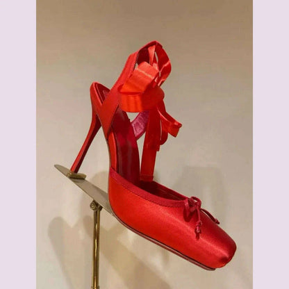 Ladies' New Summer Square Satin High-heeled Sandals with Ankle Straps, Fashionable Party and Banquet Ballet High-heeled Shoes