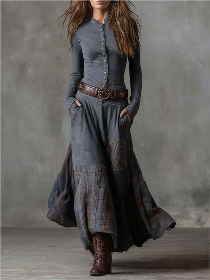 Women's Temperament Commuting Slim Dress Spring Autumn Suede Plaid Plaid Stitching Retro Pocket Button Belt Long-sleeved...