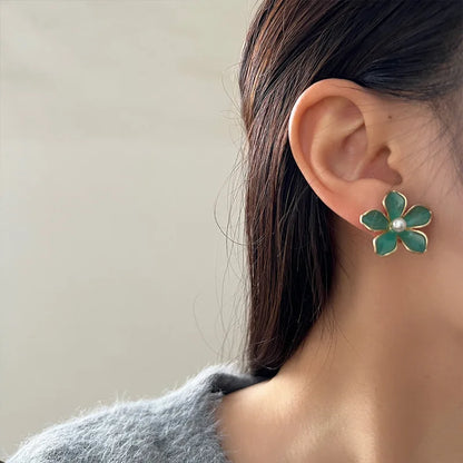 HUANZHI Enamel Pink Flower Stud Earring Irregular Petal Vintage Drip Oil Elegant Sweet Jewerly Gift for Women Girls