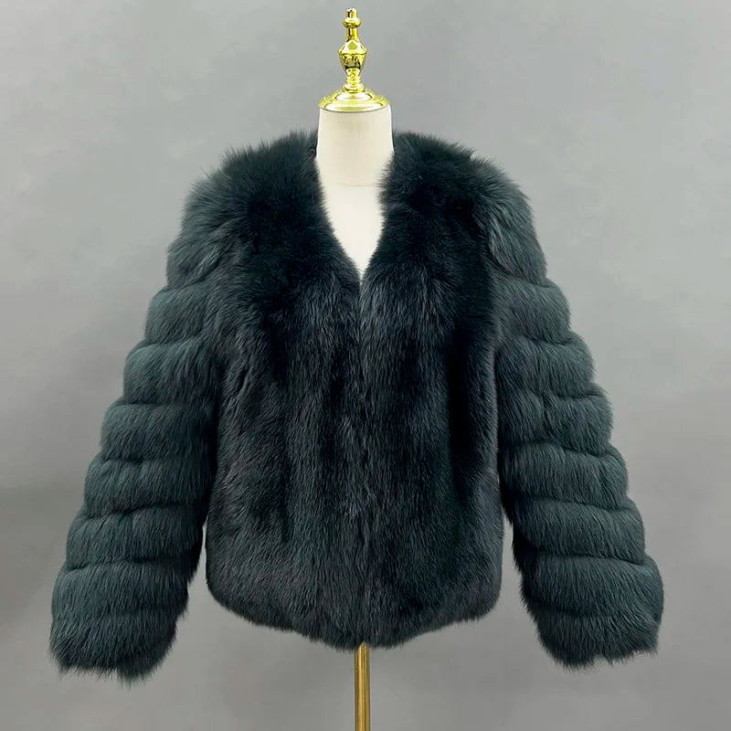 JANEFUR 2024 Thick Warm Real Fox Fur Coat Fashion Female V-neck Fox Fur Collar Coats Elegant luxury Lady Fur Outwear