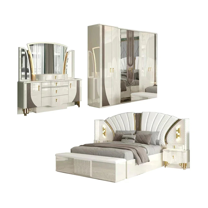A Royal Luxury Gold Wood Frame Double King Size Bed Set Home Villa Classic Modern Design Wooden Full Bedroom Sets Furniture