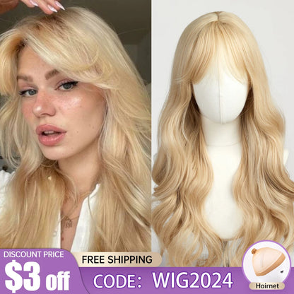 EASIHAIR Sandy Blonde Golden Wavy Synthetic Wigs with Long Bangs Cosplay Lolita Party Hair Wigs for Women Natural Heat Resistant