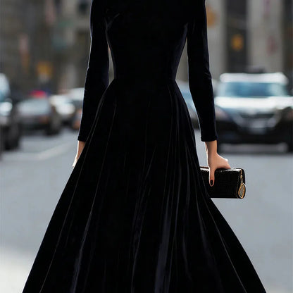 Velvet Long Sleeve round Neck Dress Elegant Artistic Retro Chinese Style Midi Skirt Casual Comfortable Polyester Fabric - Kimlud