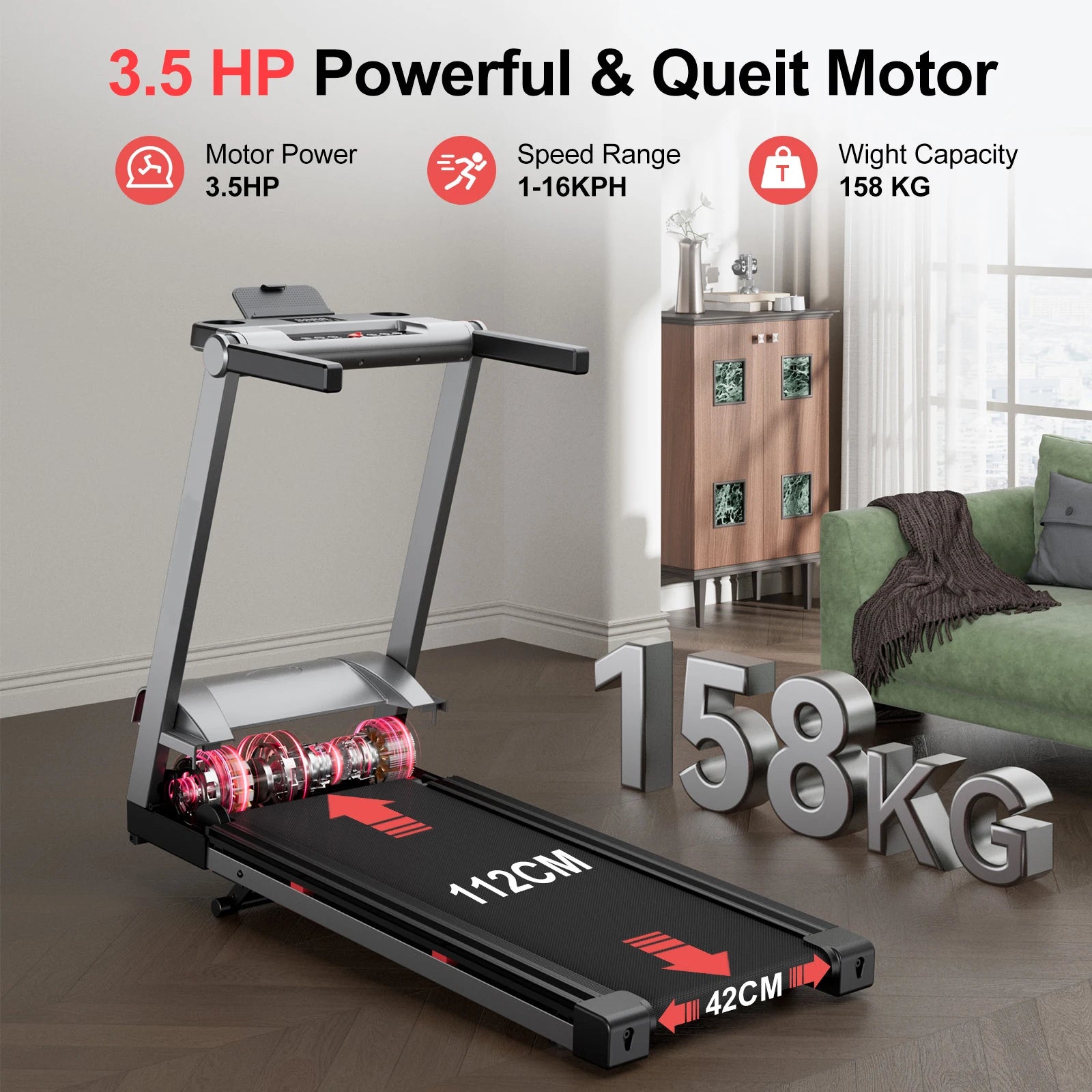3.5HP Foldable Incline Home Treadmill Walking Pad with Handle Bar Holder 350LBS Capacity Touch Screen Smart App Data Monitoring - Kimlud