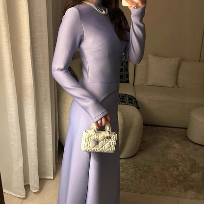 Ladies Elegant O-neck Long Sleeve Party Dress Women Fashion Splicing Hight Waist Evening Dress Casual Draped Solid Long Dresses