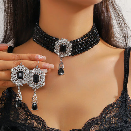 FYUAN Multilayer Green Red Blue Black Crystal Necklace Geometric Hollow Alloy Earrings For Women Weddings Banquet Jewelry Sets