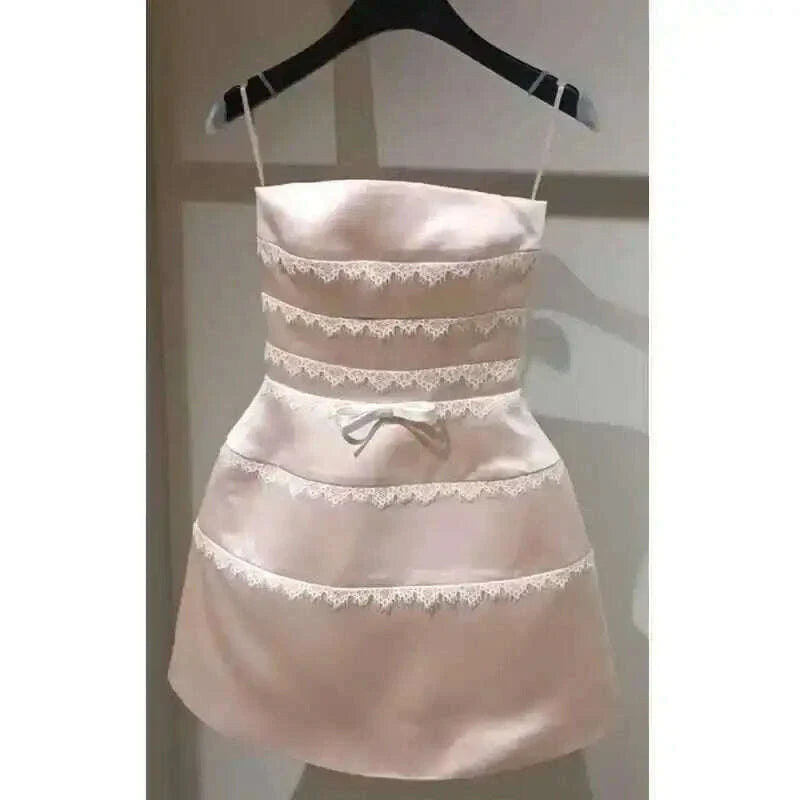 DEAT Sexy Lace Bow Spliced Solid Color Strapless Backless Sleeveless High Waist Women's Mini Dress 2025 Spring New Tide 15DZ504