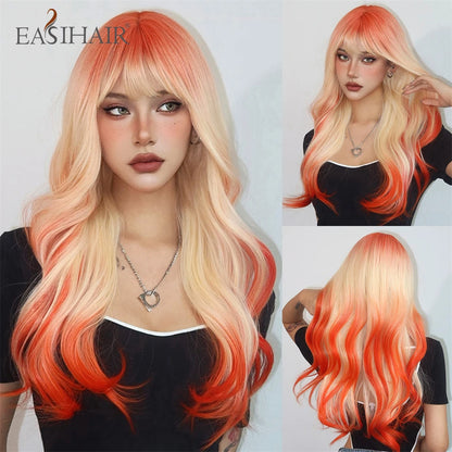 EASIHAIR Sandy Blonde Golden Wavy Synthetic Wigs with Long Bangs Cosplay Lolita Party Hair Wigs for Women Natural Heat Resistant