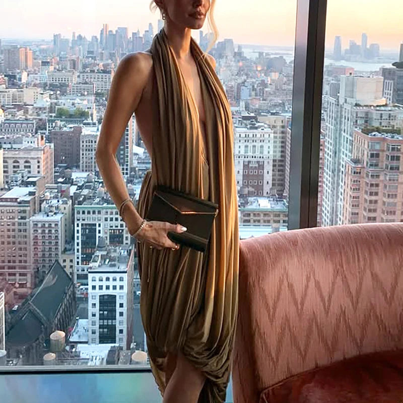 Fashion Irregular Ruffles Slim Dress Sexy Hollow Out Sleeveless Backless Dress Summer New Solid Hollow Out Party Dress for Women - Kimlud