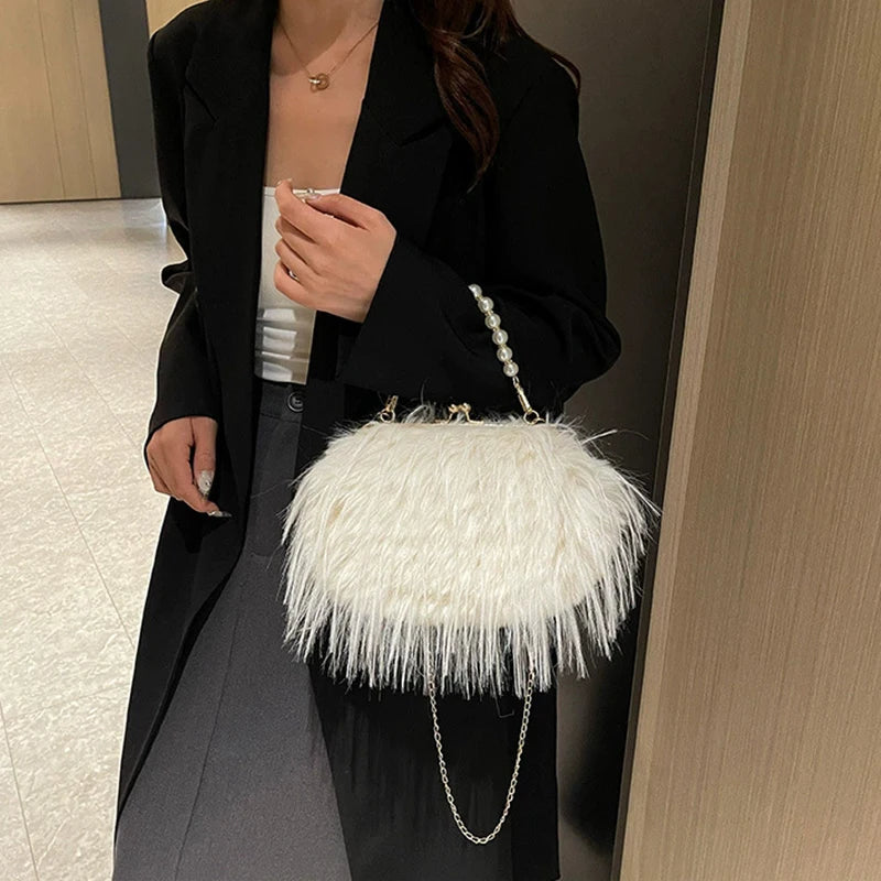 French Square Evening Banquet Bag Handle Pearls Plush Handbag Large Capacity Lock Buckle Shoulder Crossbody Bag Wedding