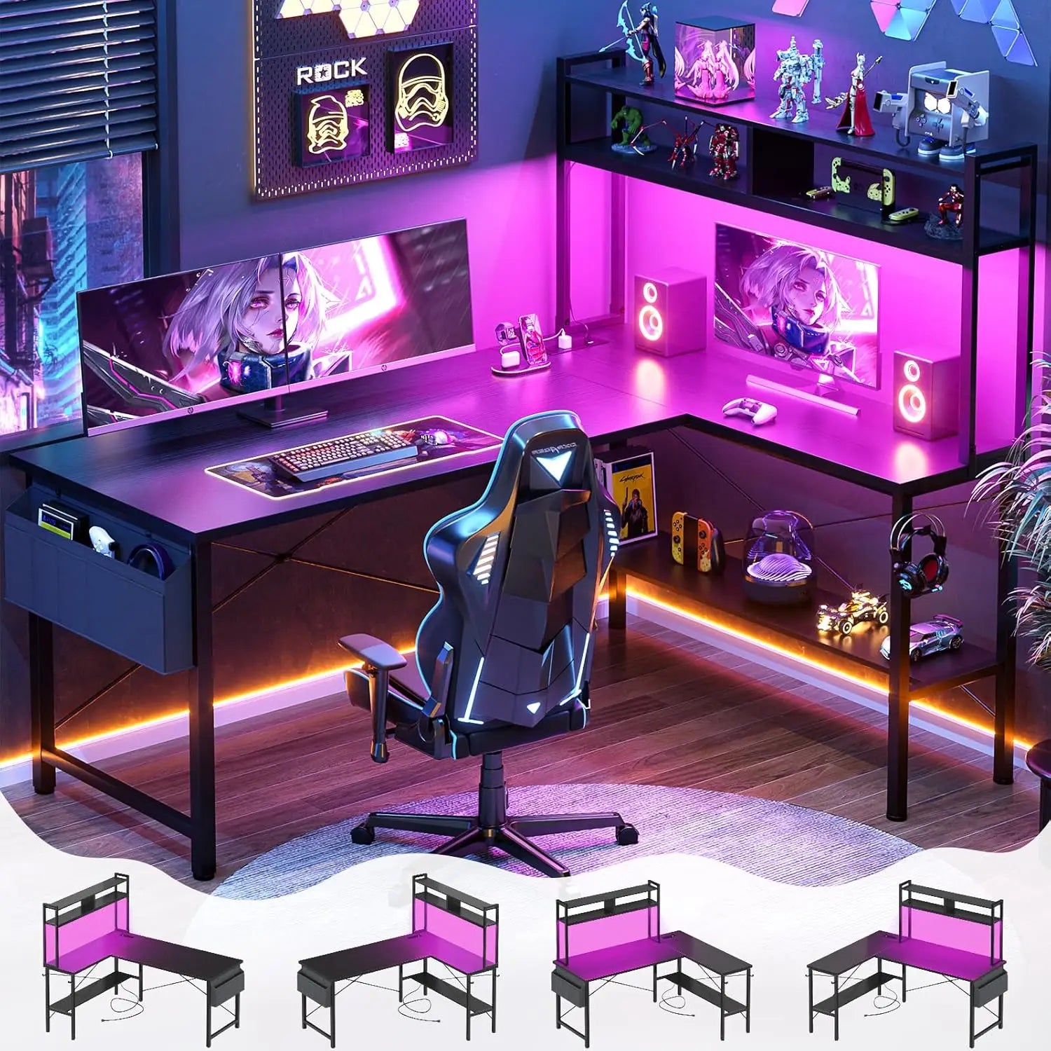 59" L-Shaped Gaming Desk with LED Lights, Power Outlets, Shelves & Storage Bag - Reversible Corner Office Desk in Black