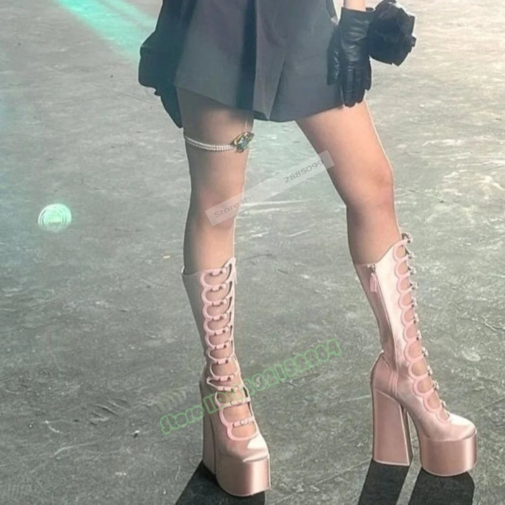 High Platform Pink Sandals Hollow Cuts Straps Buckles Chunky High Heels Solid Knee High Long Sandals Ladies Summer Sexy Shoes - Kimlud