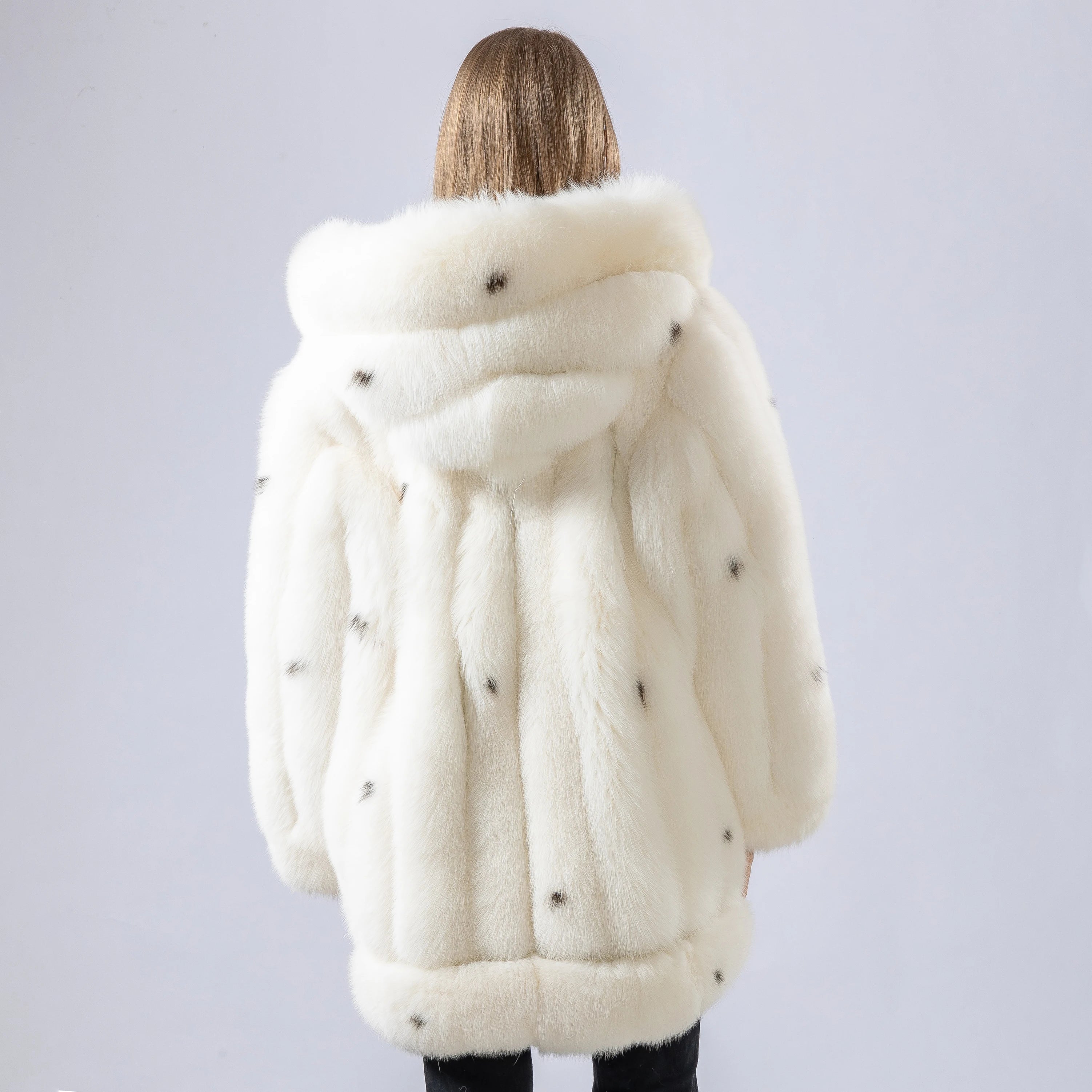 Polka Dot real fox fur coat with hood Mid-length overcoat 250465