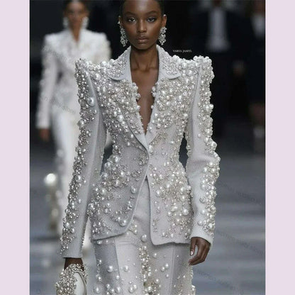 Silver Women Suit Set 2 Pcs Pearls Blazer+Straight Pants Trousers Customized Formal Office Lady Jacket Wedding Prom Coat