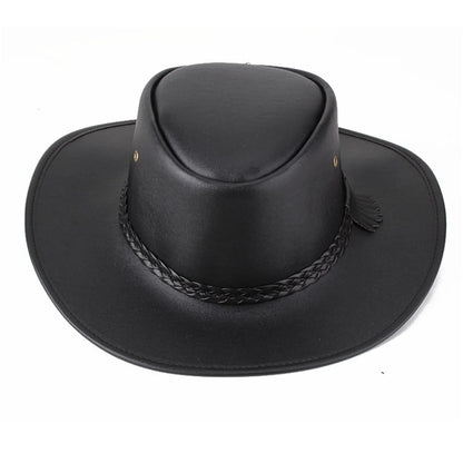 Combhasaki Mens Western Cowgirl Hats with Adjustable String Artificial Leather Wide Brim Outdoor Fashion Unisex Sunshade Cap