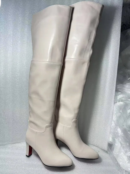 Autumn and Winter New Black Leather Round Head Over Knee Women's Boots, Thick High Heels, Fashionable 34-46 Large Women's Boots