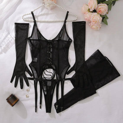 Sexy Perspective Mesh Lace Up Shaping Lingerie Split Set Women's Ultra-thin Black Bra & Brief Sets With Gloves