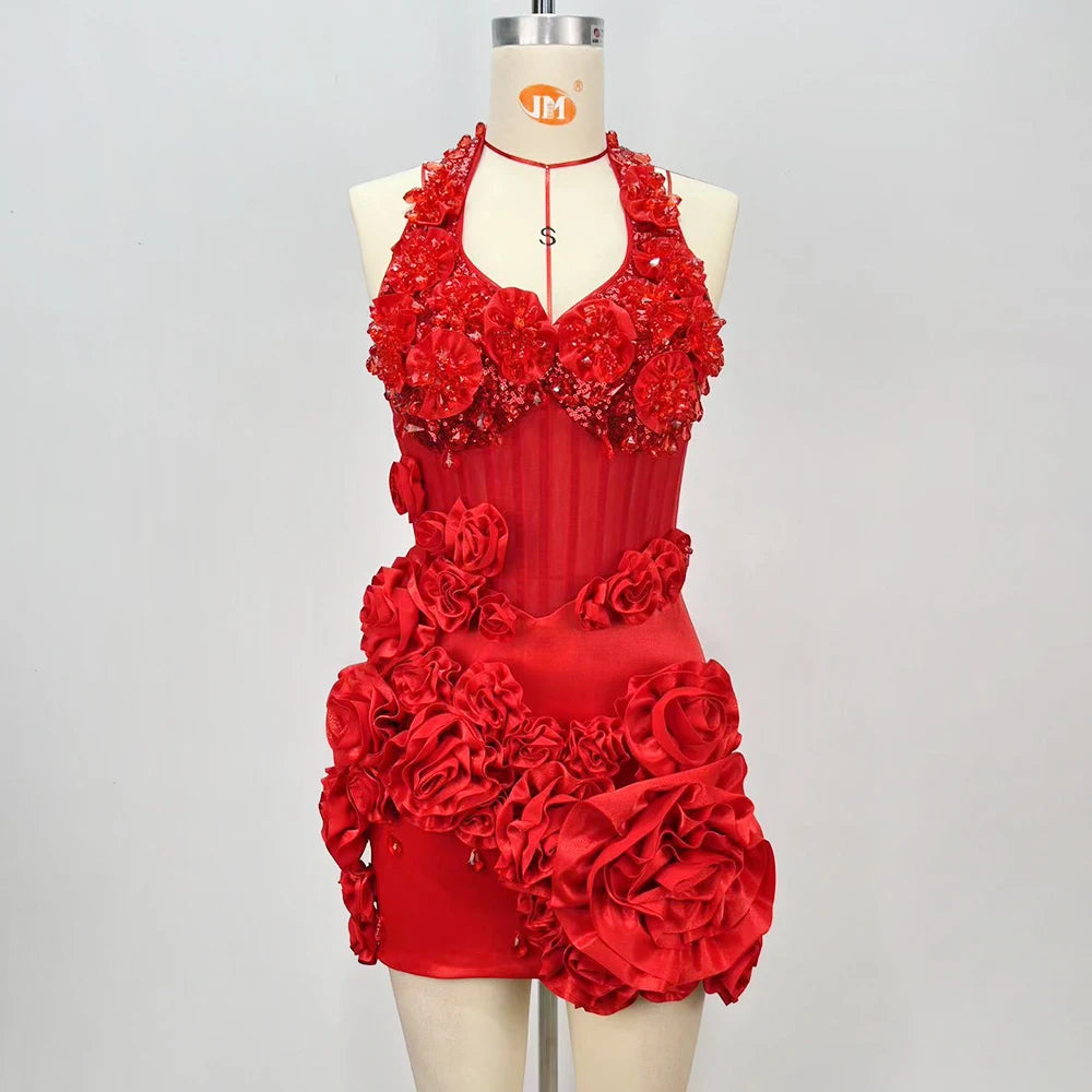 VC Party Sexy Galas Gown Red 3D Floral Halter Sequins Backless Mini Dress