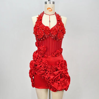 VC Party Sexy Galas Gown Red 3D Floral Halter Sequins Backless Mini Dress