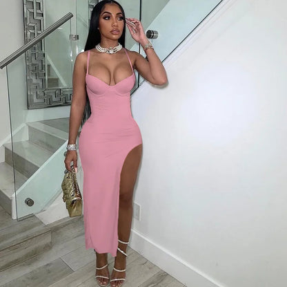 Sexy Spaghetti Strap High Split Party Dress Women Night Sleeveless Backless Slim Bodycon Maxi Dress Elegant Birthday Prom Dress