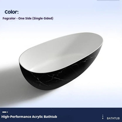 Luxury marble-patterned freestanding bathtub, oval-shaped artificial stone soaking tub, suitable for hotels and villas.