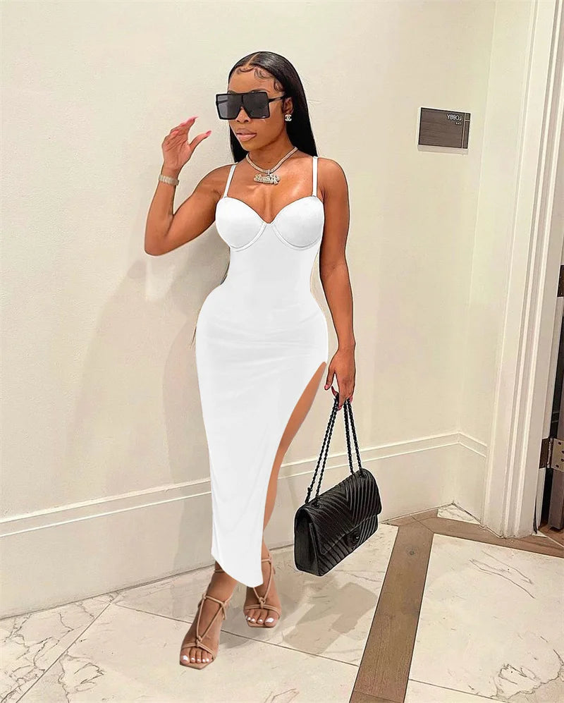 Sexy Spaghetti Strap High Split Party Dress Women Night Sleeveless Backless Slim Bodycon Maxi Dress Elegant Birthday Prom Dress