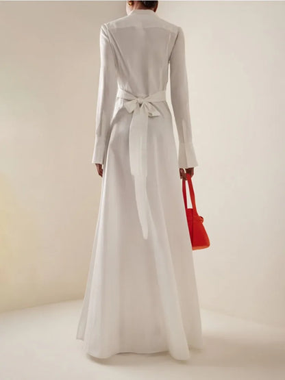 Women's Elegant Floral Printed Formal Office Shirts Dress Long Sleeves Buttoned Stand Collar Party Evening A-line Maxi Dresses - Kimlud