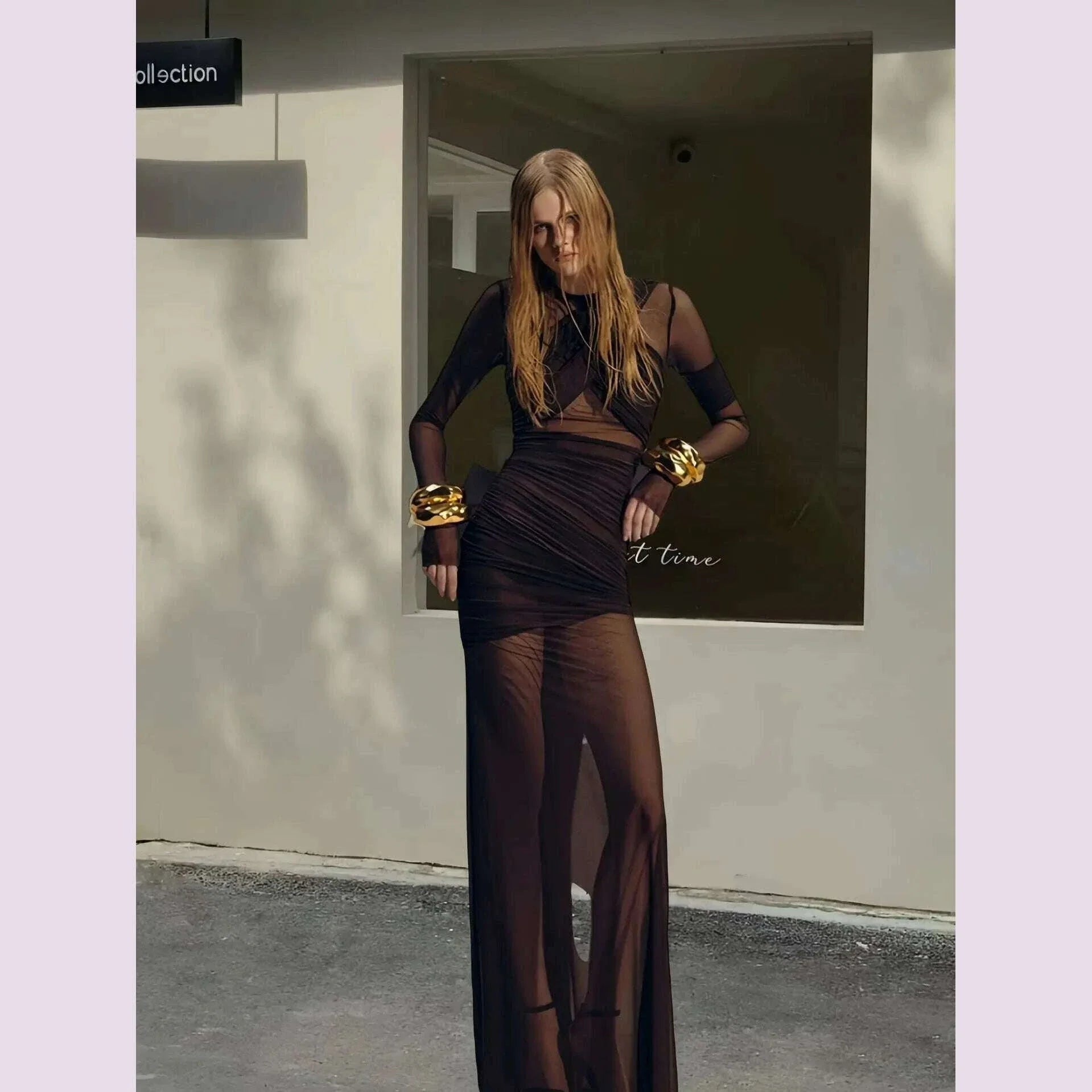 Elegant Mesh Patchwork Long Dresses Bodycon Package Hip Party Club Evening Dress Sexy Double Layer Perspective Vestidos Clothing