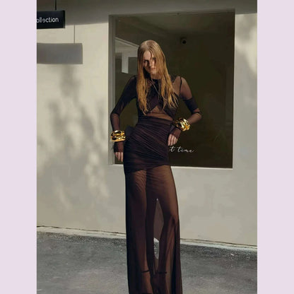 Elegant Mesh Patchwork Long Dresses Bodycon Package Hip Party Club Evening Dress Sexy Double Layer Perspective Vestidos Clothing