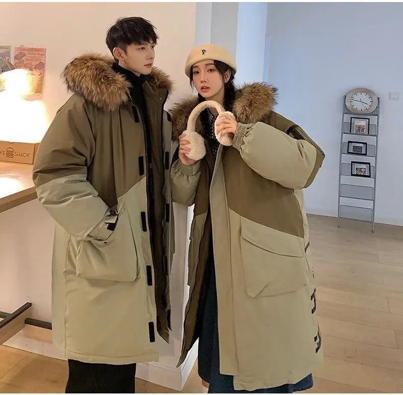 Men's Parkas Hooded Down Jacket Couple Mid-length Over-the-knee Loose Animal Fur Collar Jackets Zipper Pockets Thick Tops Coat