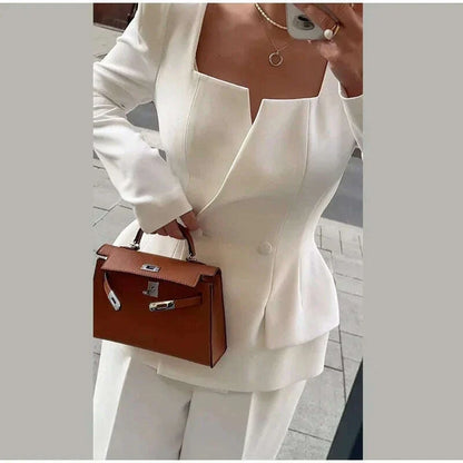 Elegant BlazerCoat Skirt Set Women Double Breasted Square Collar Slim Jacket And Midi Skirts Suits 2 Pieces Office Chic Outfits