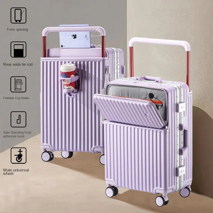 Aluminum Framed Front Open Suitcase Carry-on Bag Wide Handle Luggage Multifunctional 20/28-inch Impact Resistant Travel Bag