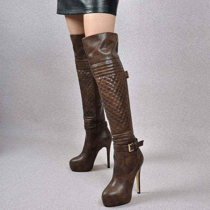 Onlymaker Women Over The Knee Boots Thin High Heel Lady Black Metal Chain Decoration Zipper Female Platform Boots