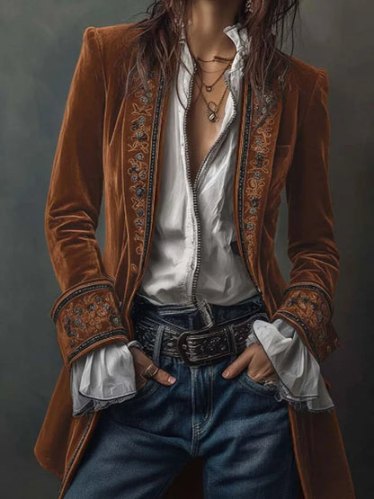 Autumn Causal Long Sleeve Women's Outercoat Winter Elegant Patchwork Lace Velvet Slim Coat Vintage Pattern Print Cardigan Jacket